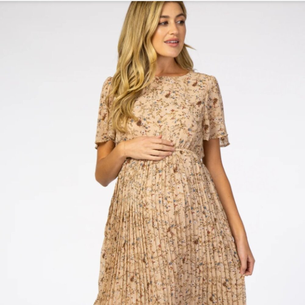 PinkBlush Beige Floral Pleated Short Sleeve Chiffon Maternity Midi Dress